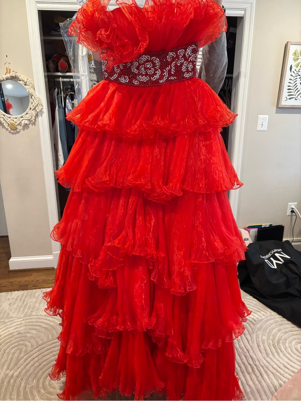 Sherri Hill DemiCouture Strapless Red Tiered Ruffle Ball Gown with Crystal Waist